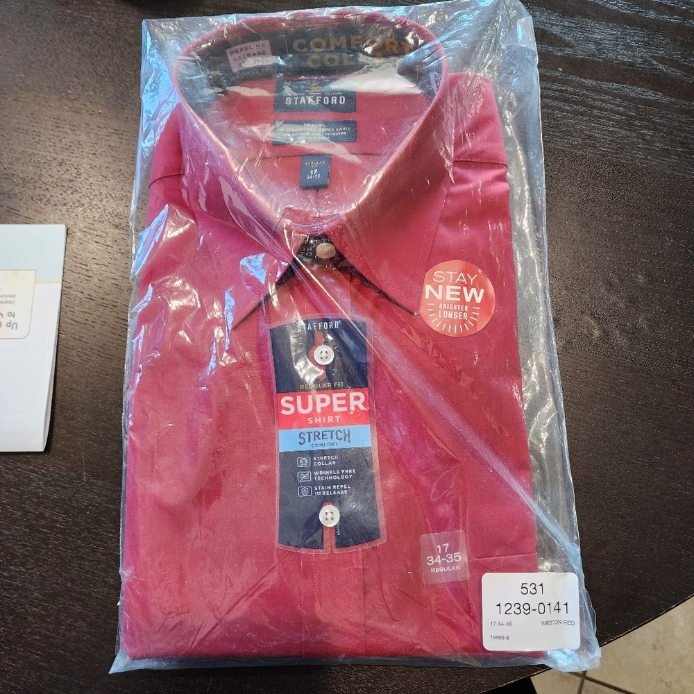Stafford Weston Red Super Shirt 17 34-35 Regular Stretch Comfort NWT Regular Fit